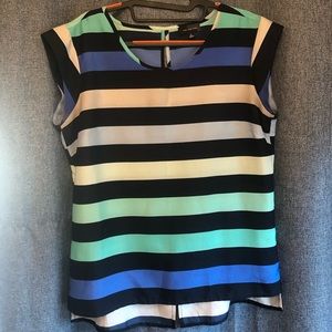 Ombré blue & green striped silk cap sleeve blouse
